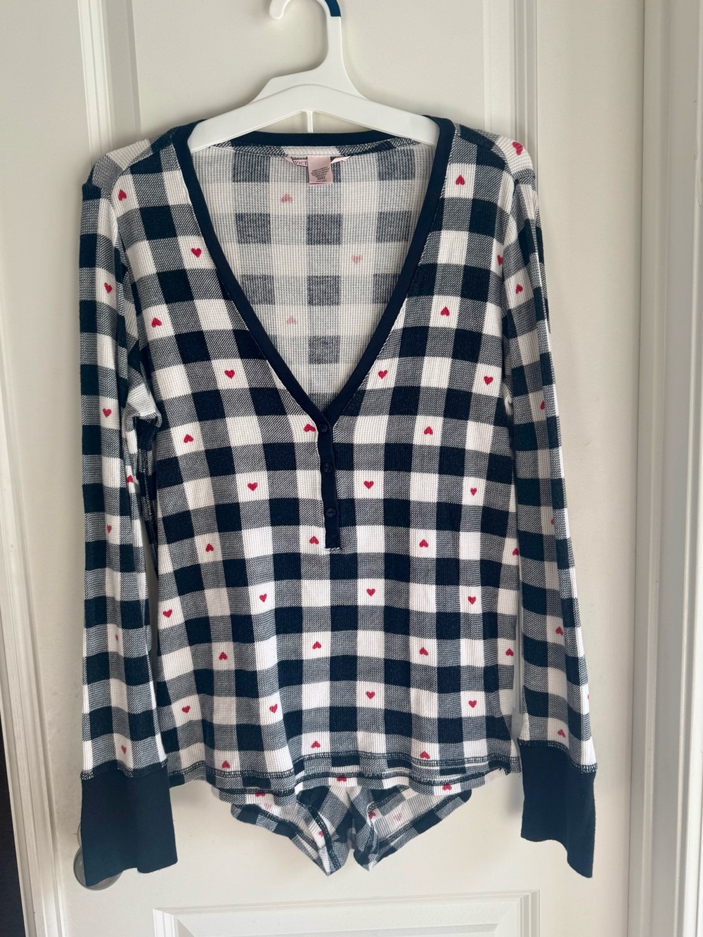 Victoria's Secret Black & White Plaid Henley with Red Hearts